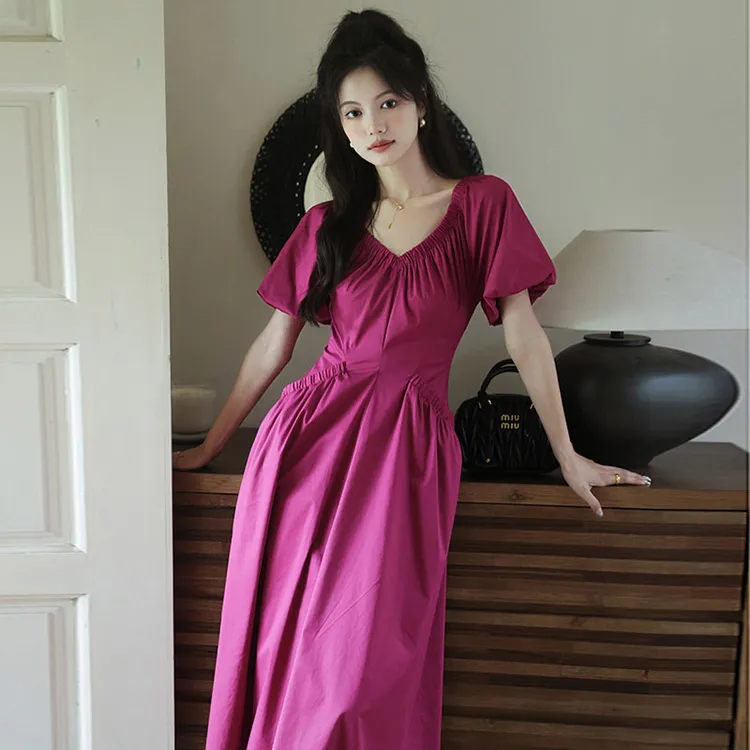 通勤方领泡泡袖显白长裙年夏季新款高腰显瘦度假连衣裙