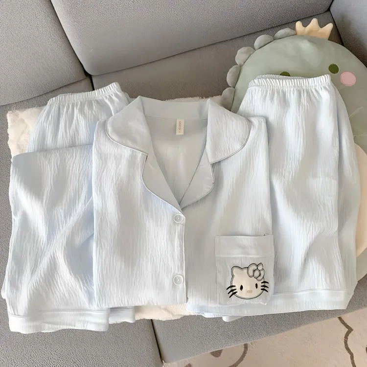 【短袖冰蓝色猫猫】春夏云朵绵短袖三件套睡衣女纯色卡通可爱家居服
