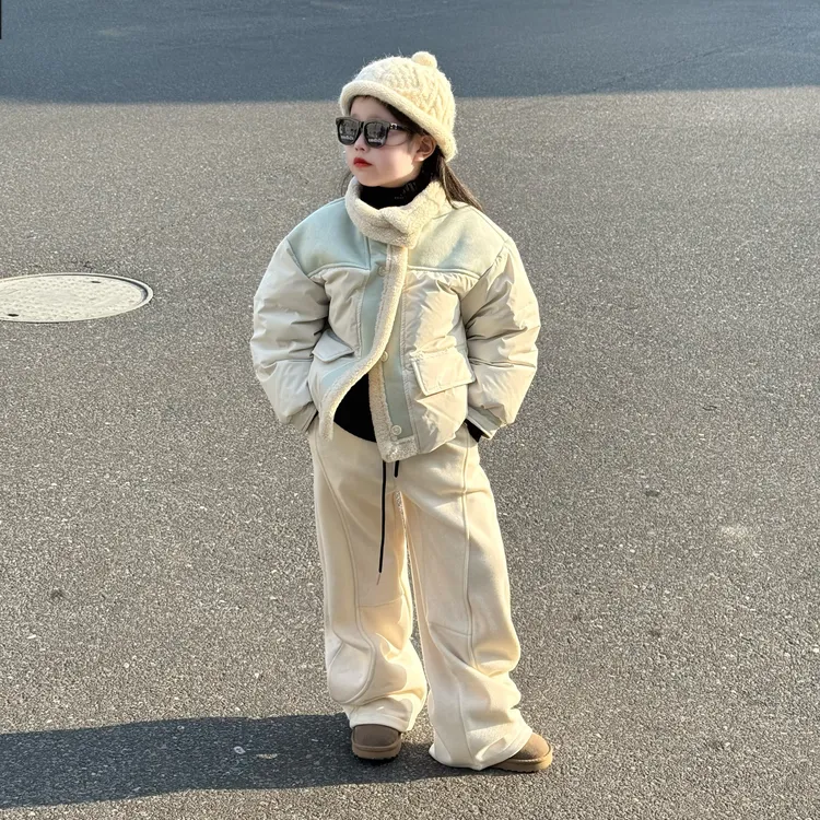 女童韩版冬季新款中大童保暖白鸭绒外套冬装时尚羊羔毛拼接外套潮
