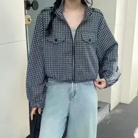 妮妮家0139秋季新款时尚复古百搭格子立领拉链上衣