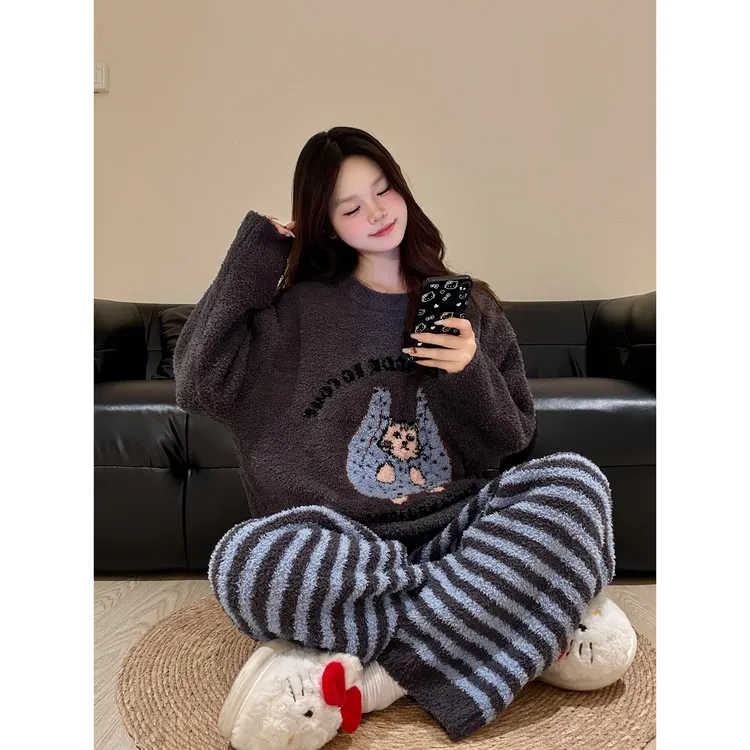 可爱猫咪条纹半边绒睡衣女秋冬新款加厚保暖柔软家居服套装可外穿