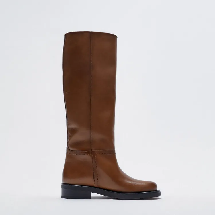 英伦复古牛仔骑士靴棕色不过膝长筒靴女粗跟高筒皮靴显瘦瘦靴子女