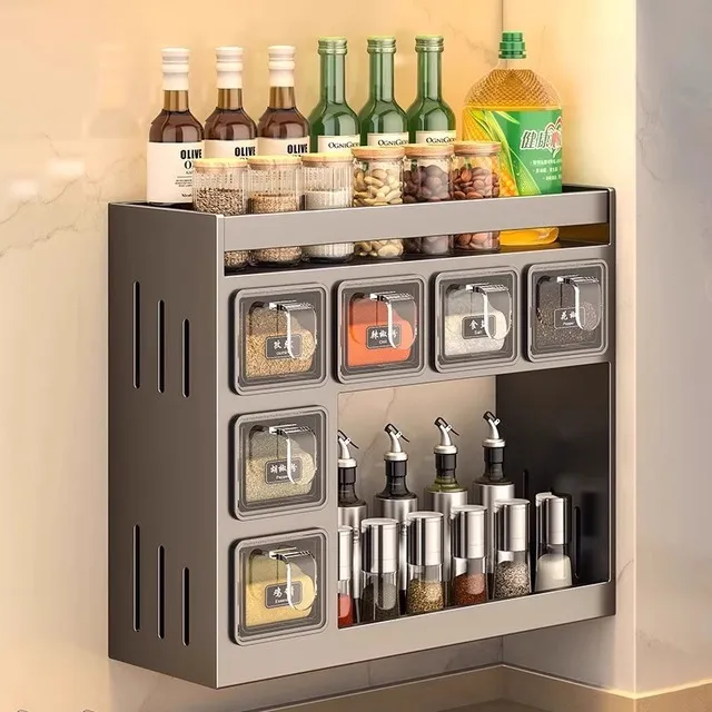 新款厨房调料置物架免打孔家用调料盒套装收纳架墙上调味品调料罐