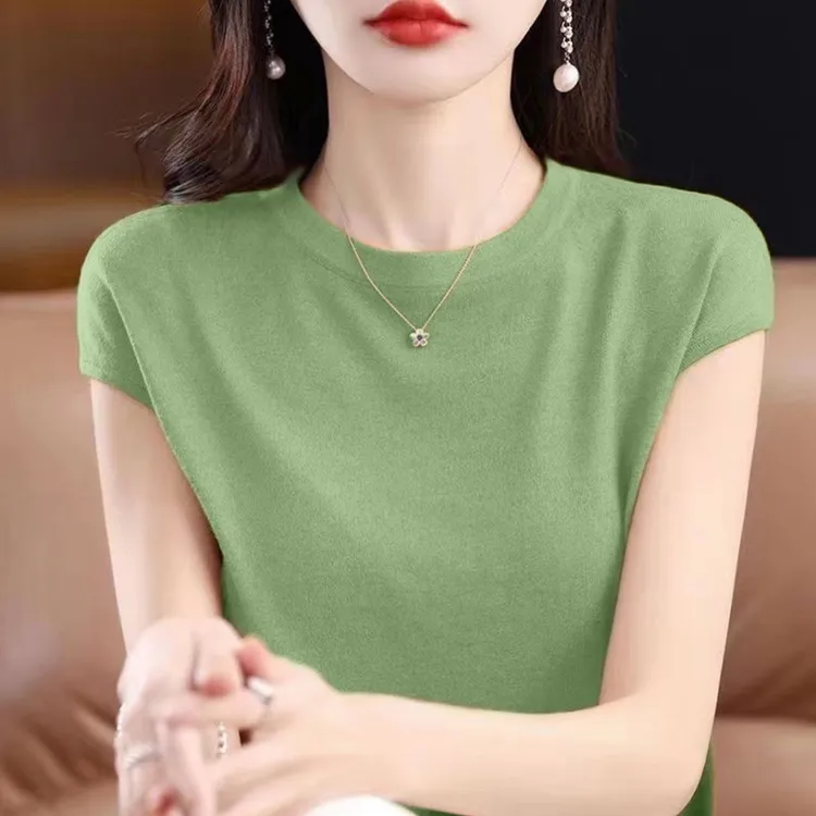 2025年夏季新款简约女装绿色气质百搭T恤圆领宽松显瘦短袖上衣