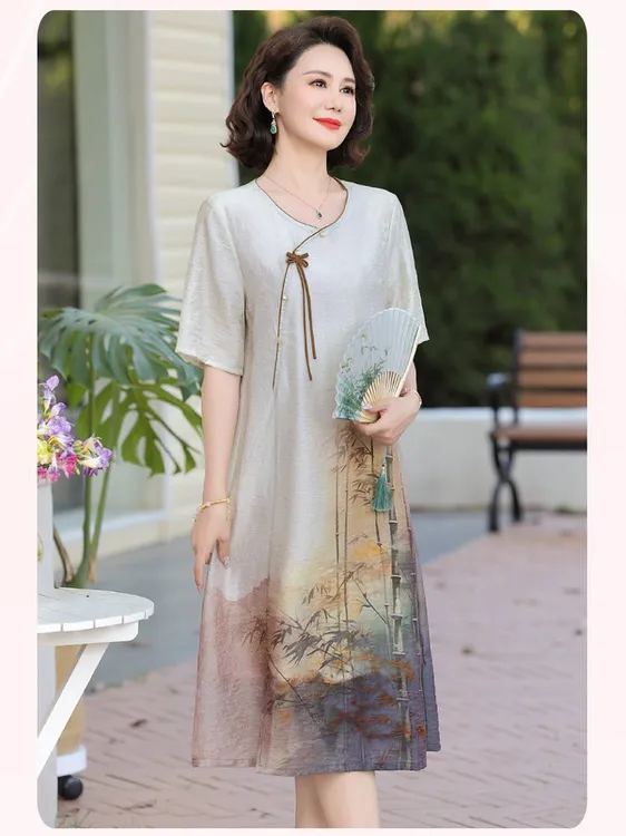 新款夏季妈妈连衣裙新中式休闲复古风中年国风中长款连衣裙高级感
