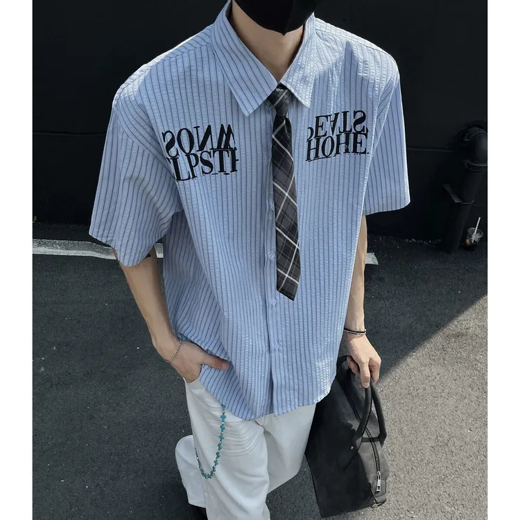 泡泡纱速干领带条纹短袖衬衫男夏季美式复古高级感痞帅DK衬衣半袖
