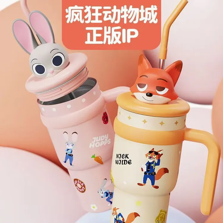 疯狂动物城联名保温杯朱迪尼克冰霸杯大容量316不锈钢车载吸管杯