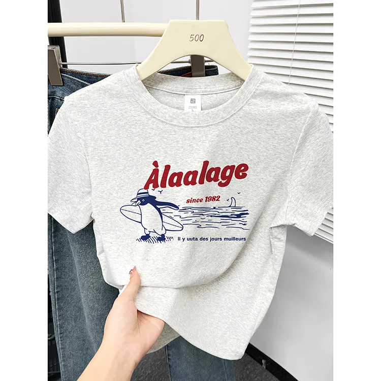 灰色正肩短袖t恤女夏季新款时尚圆领字母企鹅印花半袖小上衣ins潮