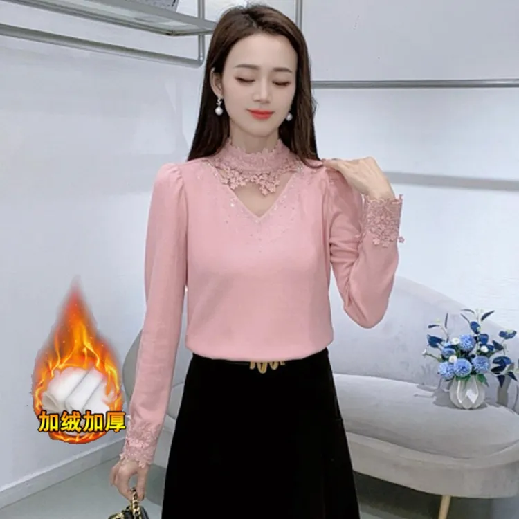 加绒加厚长袖蕾丝衫女士2025秋冬新款洋气显瘦保暖内搭T恤打底衫