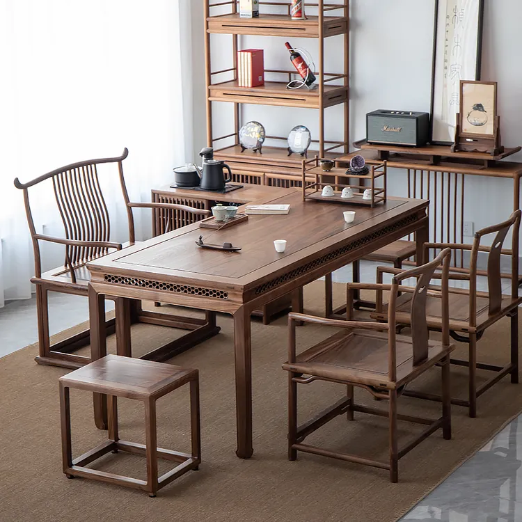 新中式北美黑胡桃木茶桌椅一套组合禅意全实木茶台泡茶桌茶室家具