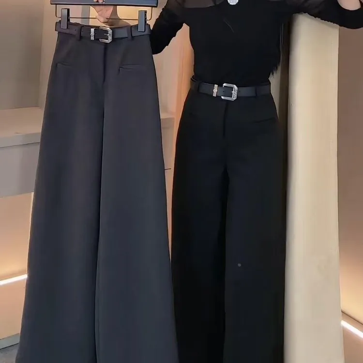 黑色高腰休闲裤女秋冬2025新款加绒加厚直筒显瘦一字兜阔腿拖地裤