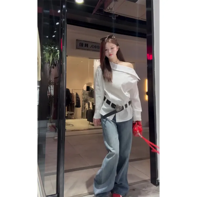 韩系高级感穿搭斜肩衬衣长袖春装女爆款2025新款直筒牛仔拖地长裤
