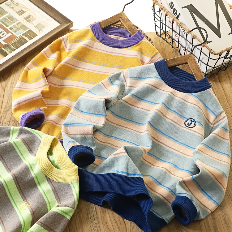 儿童条纹洋气毛衣春秋款男童圆领打底衫棉线休闲上衣童装套头衫潮