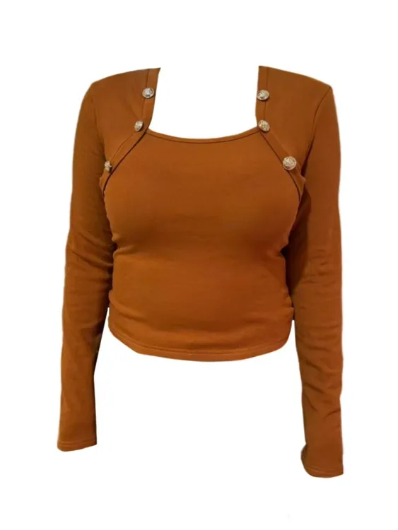 Amy家 微胖mm纯欲风磨毛方领打底衫女秋冬设计感纽扣别致显瘦上衣