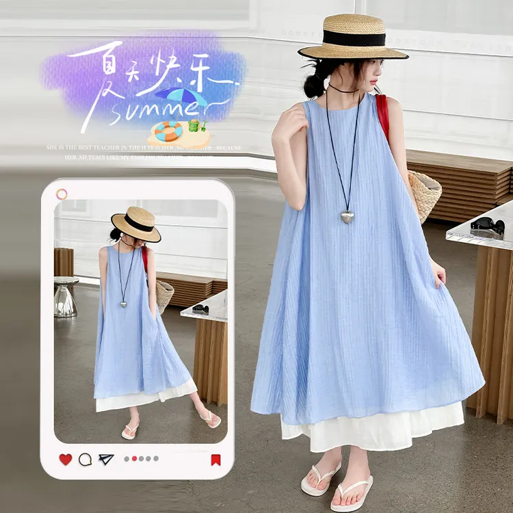 女童夏装连衣裙洋气女大童韩版背心裙夏季无袖假两件裙度假风裙子
