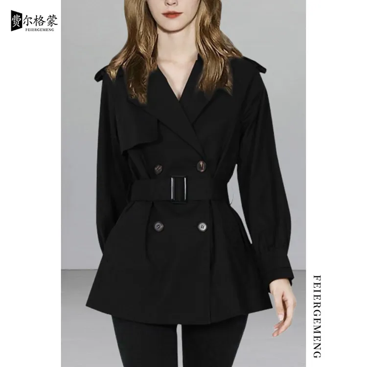 设计感气质时尚黑色风衣外套女春秋新款小个子收腰短款外套显瘦潮