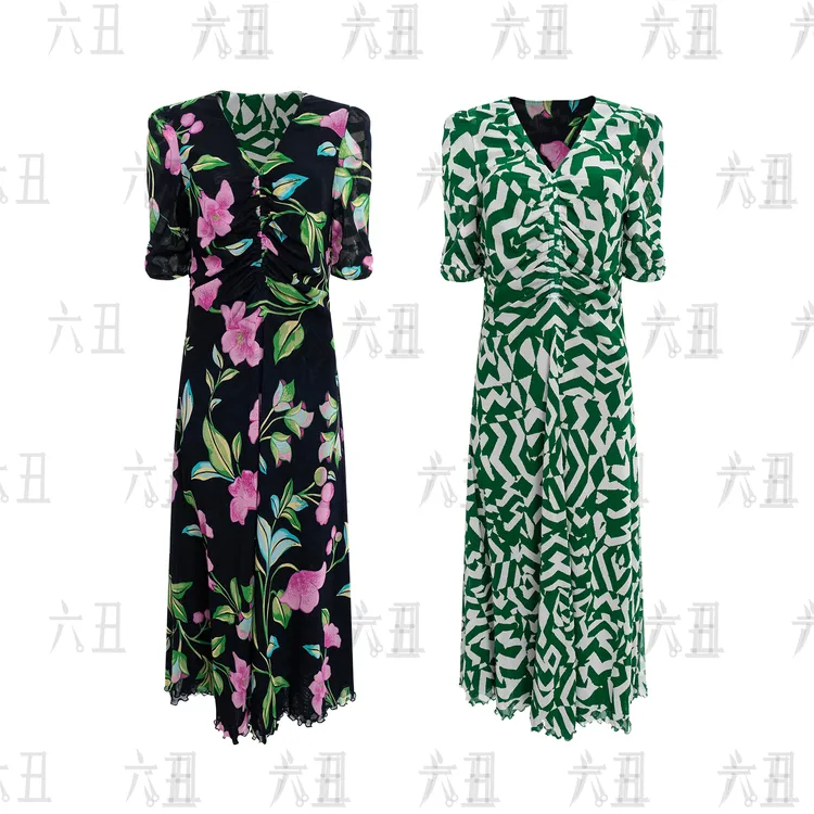 【六丑】新款时尚气质优雅收腰显瘦双面印花连衣裙505LYQ0857