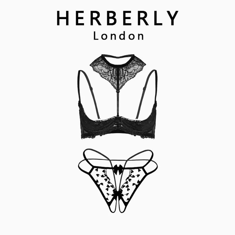 英国 HERBERLY 聚拢小胸显大性感内衣蕾丝透视薄款三点式文胸套装