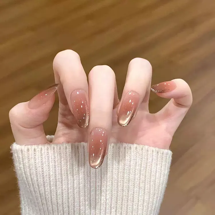 纯手工短款秋冬穿戴甲冰透裸色渐变棕色猫眼晕染甲片高级轻奢美甲