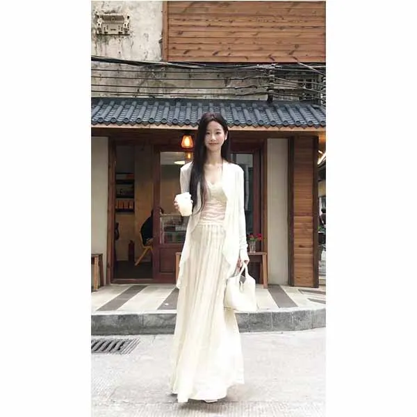 温柔风穿搭套装气质白色长袖开衫外套女春季吊带内搭长裙三件套