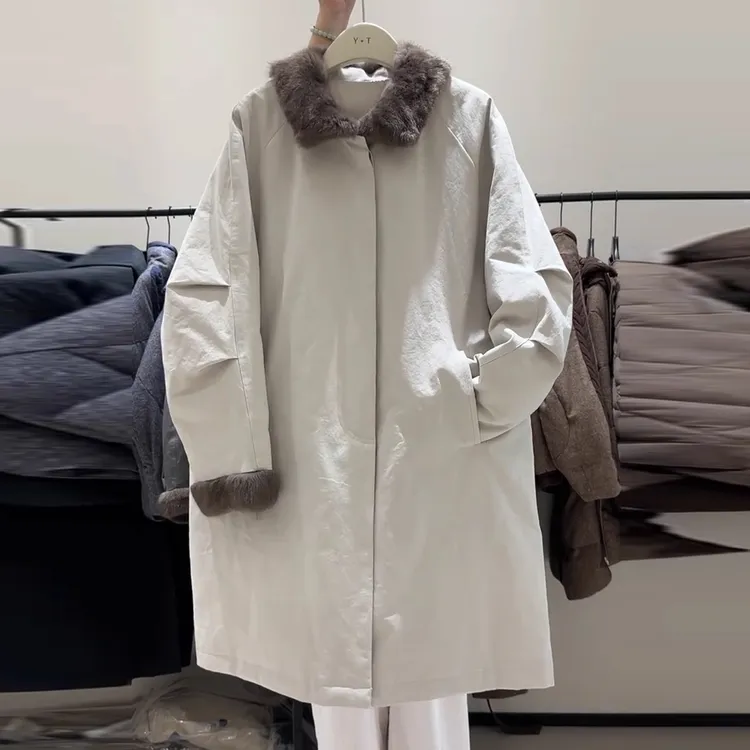 米白色中长款毛领棉服女装2025冬季韩系高级感宽松显瘦派克服外套