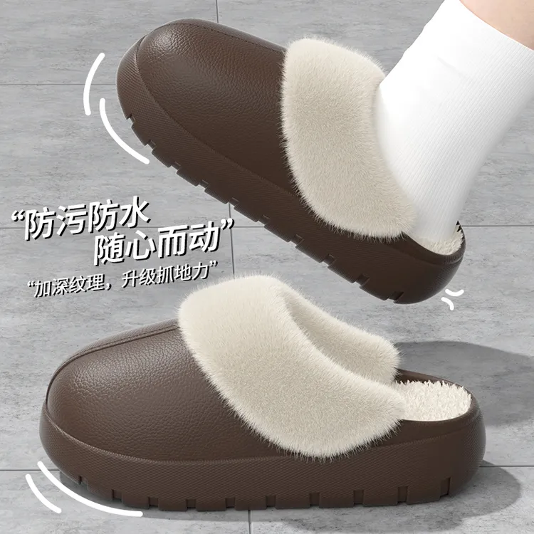 男士防水棉拖鞋情侣款秋冬季居家外穿防滑厚底加绒保暖棉拖女款
