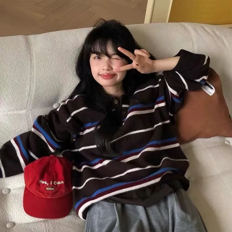 复古美式翻领条纹长袖针织衫2025秋季新款宽松减龄外穿打底毛衣女