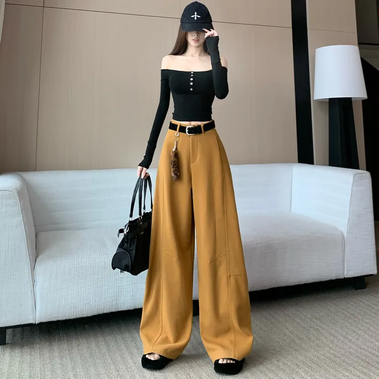 慵懒风毛呢弯刀西装裤女秋冬新款时尚高腰宽松阔脚裤休闲拖地长裤