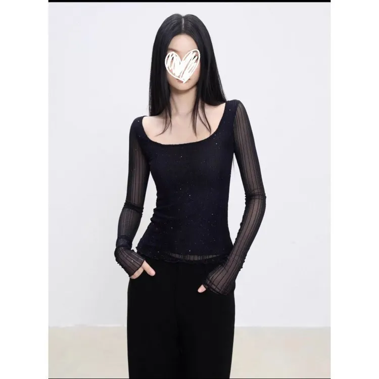 性感修身显瘦T恤氛围亮片透感弹力网纱上衣女2025秋冬长袖