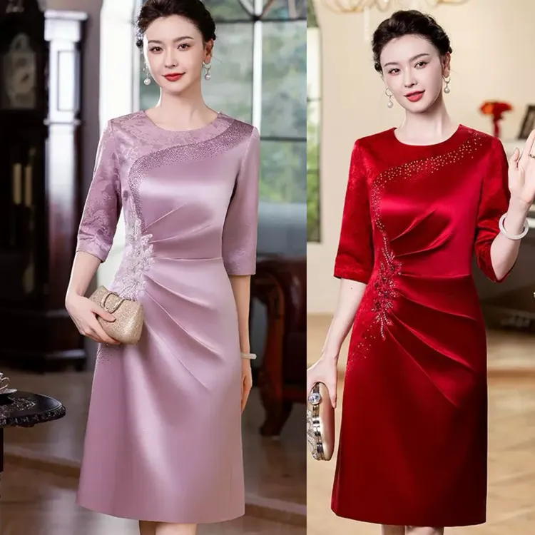 【高定礼服裙】中小个喜妈妈进口三醋酸喜婆婆婚宴改良旗袍日常穿Y