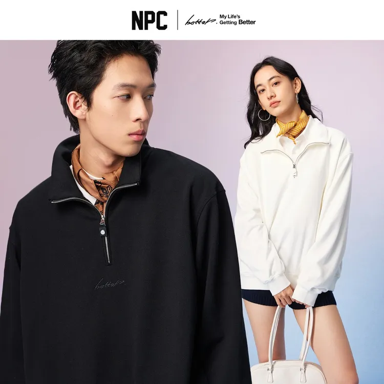 NPC潮牌男女同款秋纯色口袋刺绣半开襟拉链套头卫衣穿搭NP57ST15