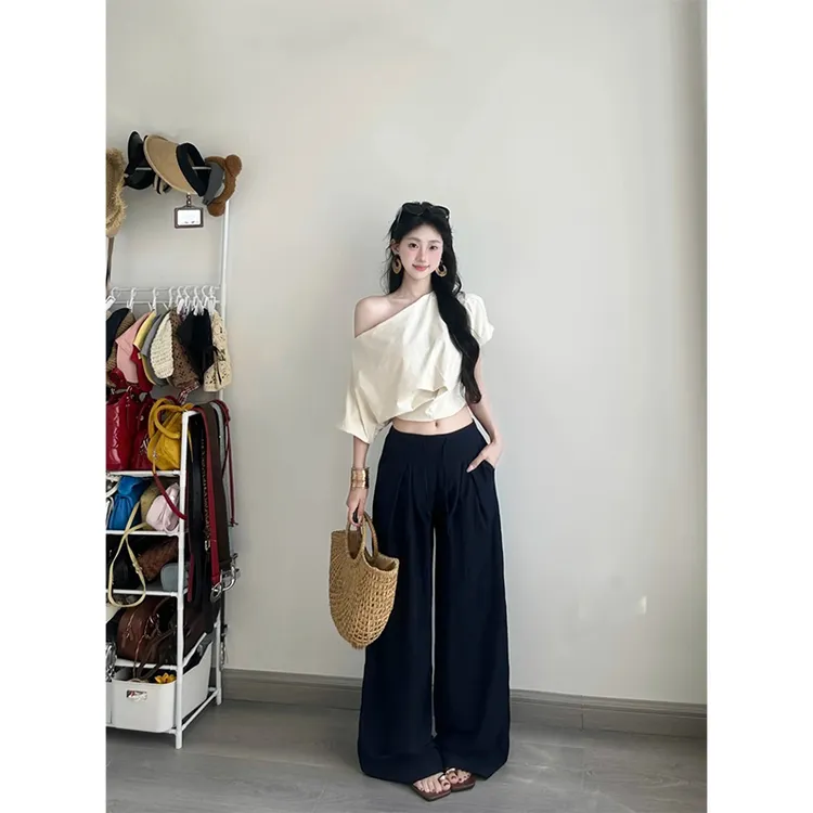 斜肩洋气时髦气质设计款上衣短袖T恤百搭显瘦休闲阔腿裤长裤套装