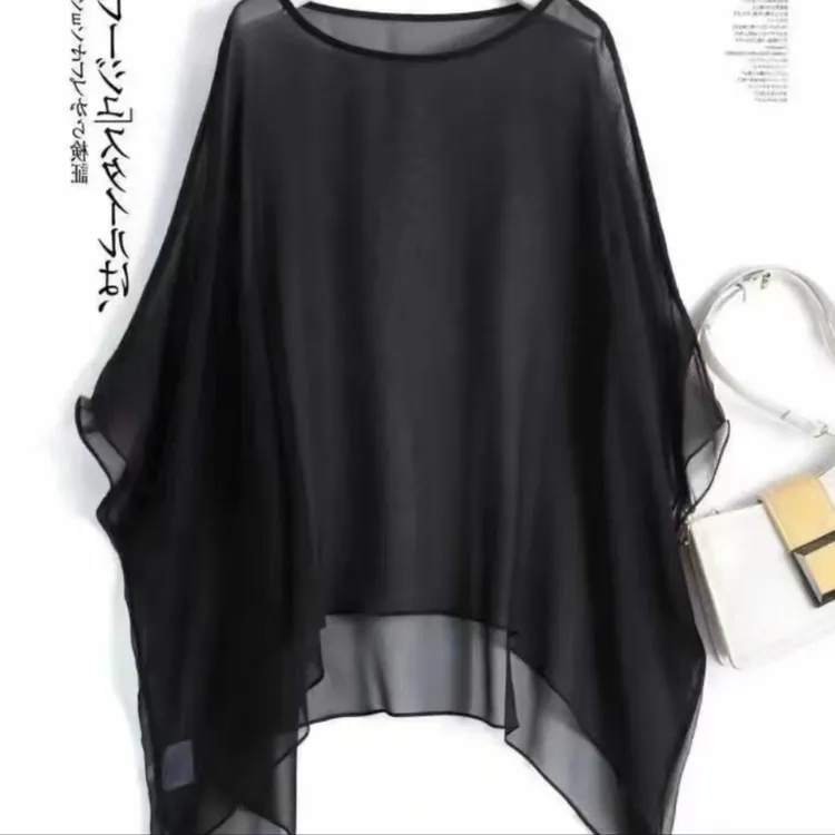 斗篷波西米亚圆领遮阳夏季薄纱宽松不对称气质黑色外搭女防晒