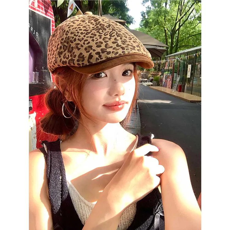 美式复古街头豹纹夏季前进帽女透气大头围显脸小遮阳防晒贝雷帽子