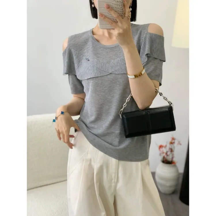 露肩荷叶」气质显瘦遮肉凉感醋酸亚麻短袖针织衫女夏季25新款 57 