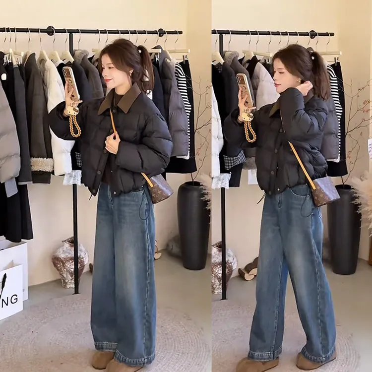 冬季穿搭一整套女2025新款复古气质翻领棉服外套百搭牛仔裤套装