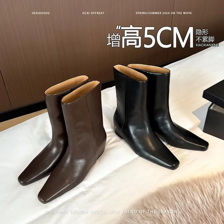 牛皮复古内增高直筒大筒围显瘦骑士靴女2025新款英伦风时装靴短靴