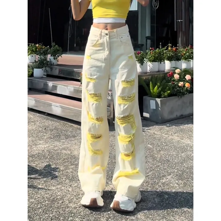 多巴胺黄色破洞牛仔裤女2025夏季新款高腰显瘦阔腿裤宽松拖地裤子