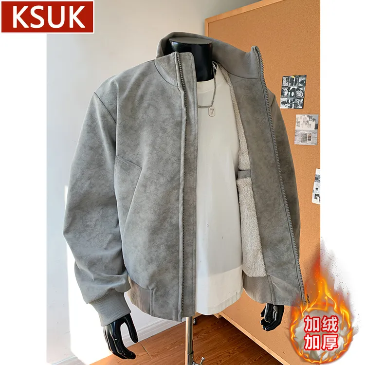 KSUK美式扎染加绒加厚夹克男外套冬季宽松潮流百搭保暖棉衣pu皮衣