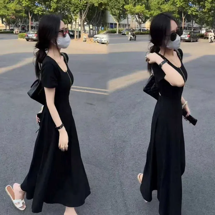 小众原创短袖气质长裙子2025夏季新款黑色性感漏腰显瘦连衣裙潮
