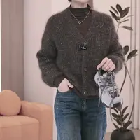 冬季时尚慵懒风百搭纯色单排扣气质针织开衫