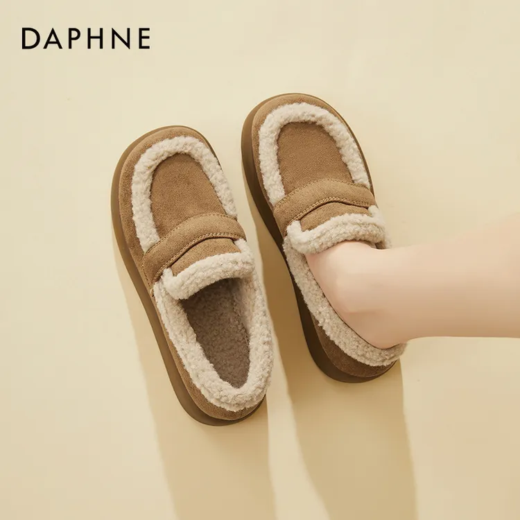 达芙妮加绒勃肯乐福鞋女鞋2025冬季厚底雪地靴一脚蹬懒人毛毛棉鞋