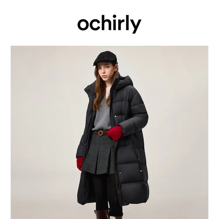 【季末折扣】欧时力连帽直筒长款羽绒服外套大衣保暖2025秋冬新品
