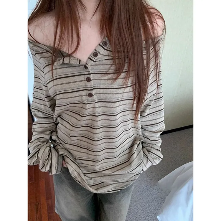 M-4XL复古条纹露肩长袖女早秋新款大码设计感休闲T恤宽松显瘦上衣
