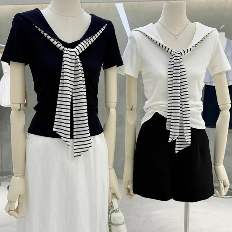活力学院风海军披肩短袖上衣洋气显瘦设计感T恤2025巨好看的夏装