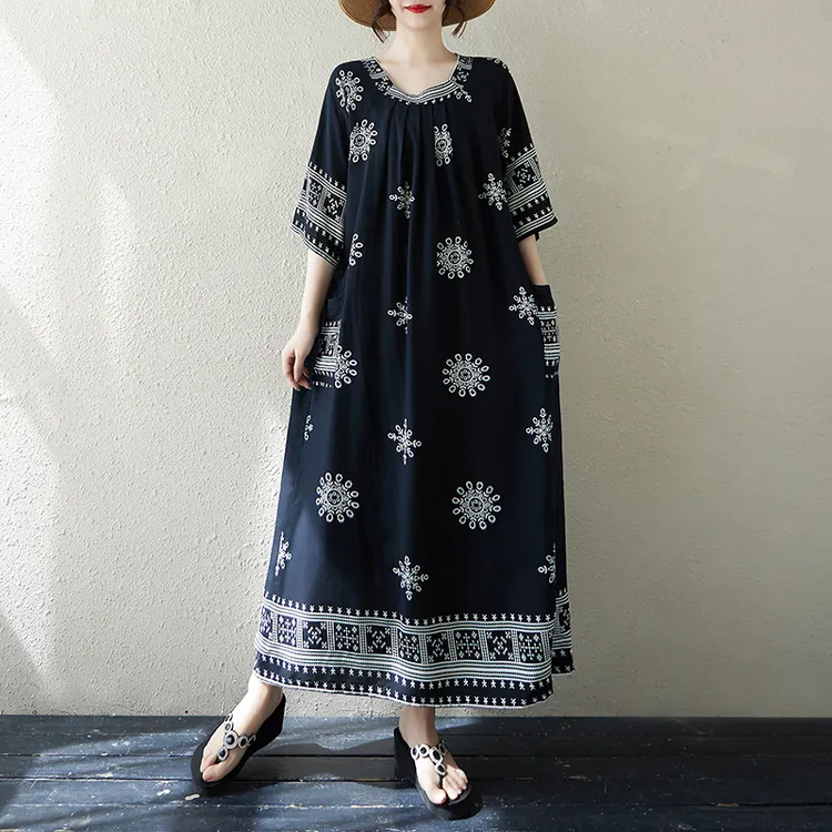 复古文艺大码女装短袖连衣裙夏季人棉花色宽松遮肉显瘦度假沙滩裙