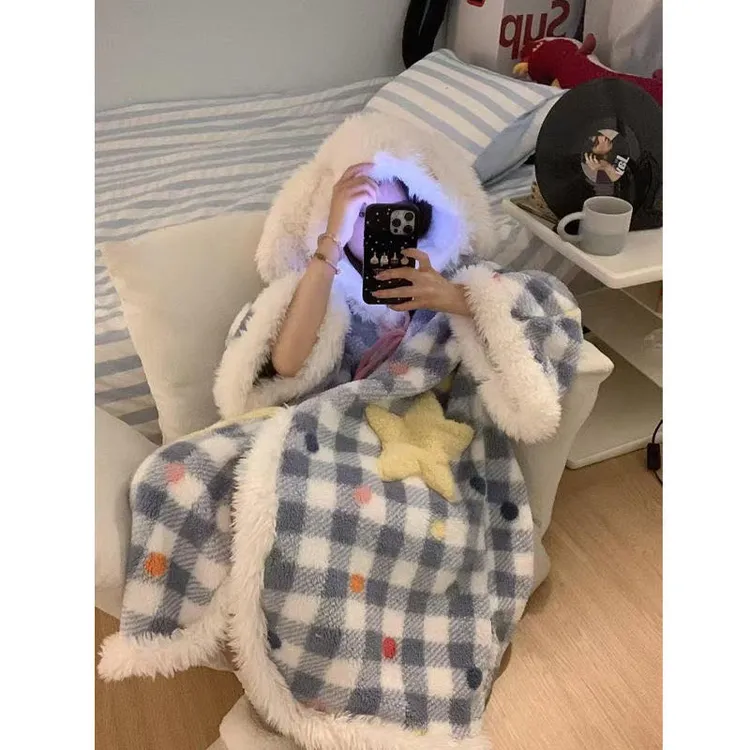 可爱大耳狗毛绒珊瑚绒连帽睡袍冬季男女加厚保暖家居服
