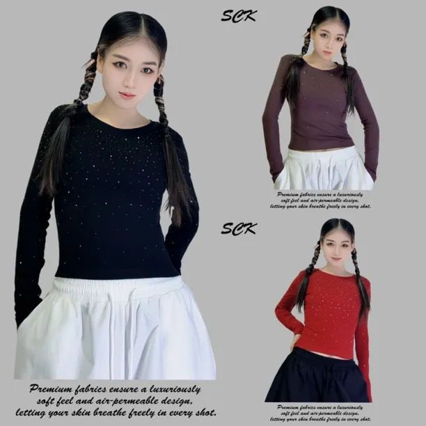 颖丽-曳舞长袖T恤烫钻百搭辣妹风圆领修身6008款