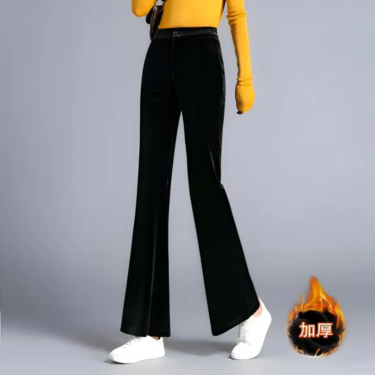 拉链金丝绒高腰防风休闲裤微喇叭裤女2025秋冬加绒阔腿裤时尚洋气