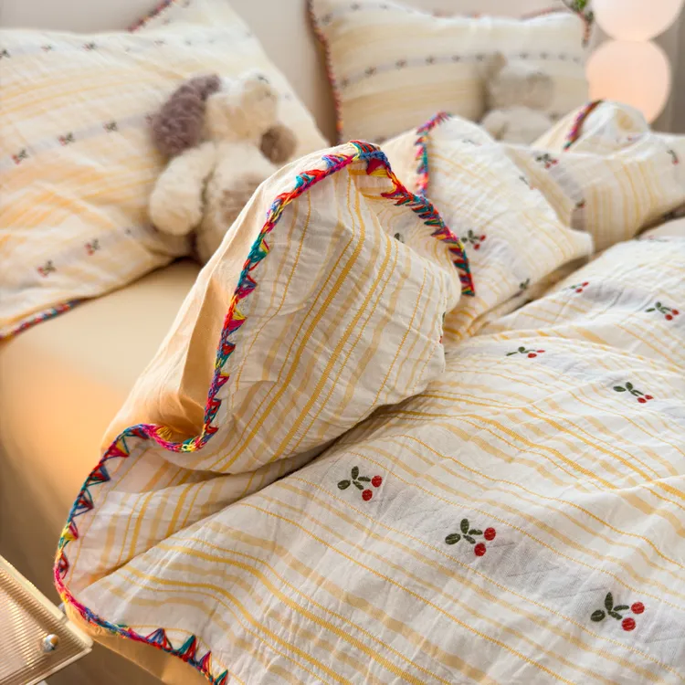 A类田园樱桃床上四件套纯棉100全棉2025新款水洗棉三件套床单被套